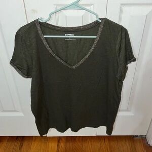 Express Women's Dark Green V-Neck Tee